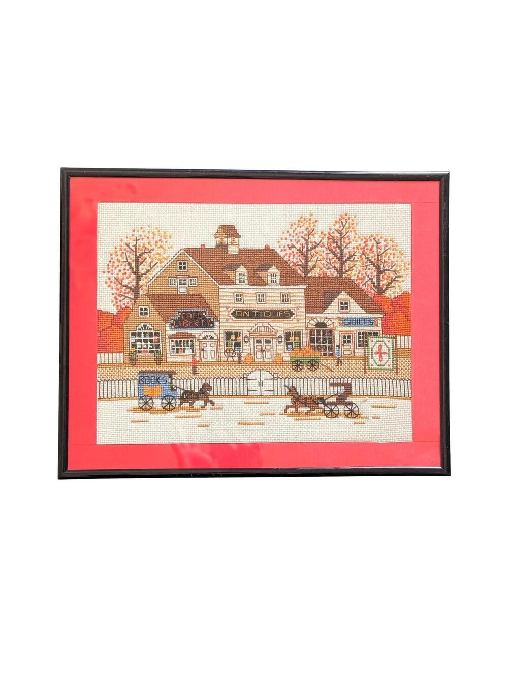 1980s Vintage Framed Counted Cross Stitch with Country Village Scene